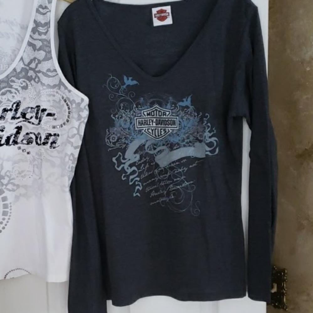 Harley Davidson Shirt Authentic Long sleeve Dark Gray, Logo Blue & Silver New